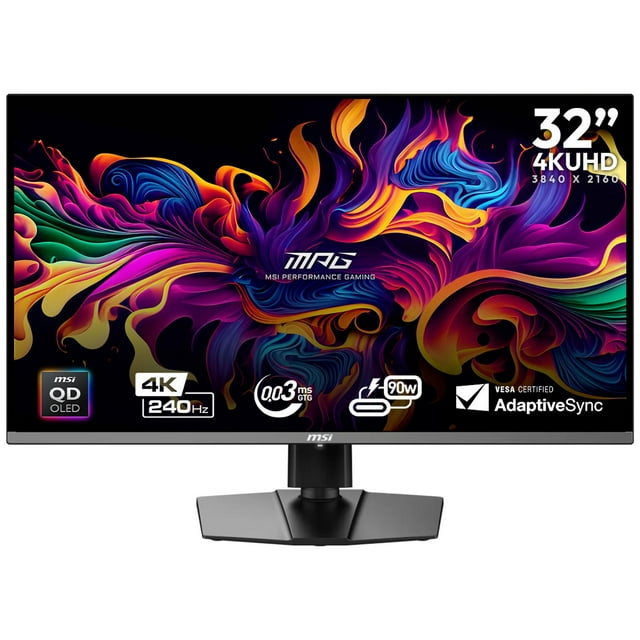 monitor gamer oled 4k 32" msi mpg 321urx qd-oled uhd 3840x2160 240hz 0.03ms nvidia g-sync hdmi 2.1 dp 1.4a usb-c — Vista frontal centrada de monitor MSI negro de 31.5" con panel QD-OLED; pantalla muestra gráficos coloridos y logo MPG. Rótulos en el marco indican 4K UHD, 240 Hz y 0.03 ms (GTG); iconos en la parte inferior señalan USB-C PD 90W, HDMI 2.1 y Adaptive-Sync. Brazo de soporte con base ajustable y compatibilidad VESA 100 x 100. También es frecuentemente usado como pantalla secundaria de alta resolución para edición y streaming.