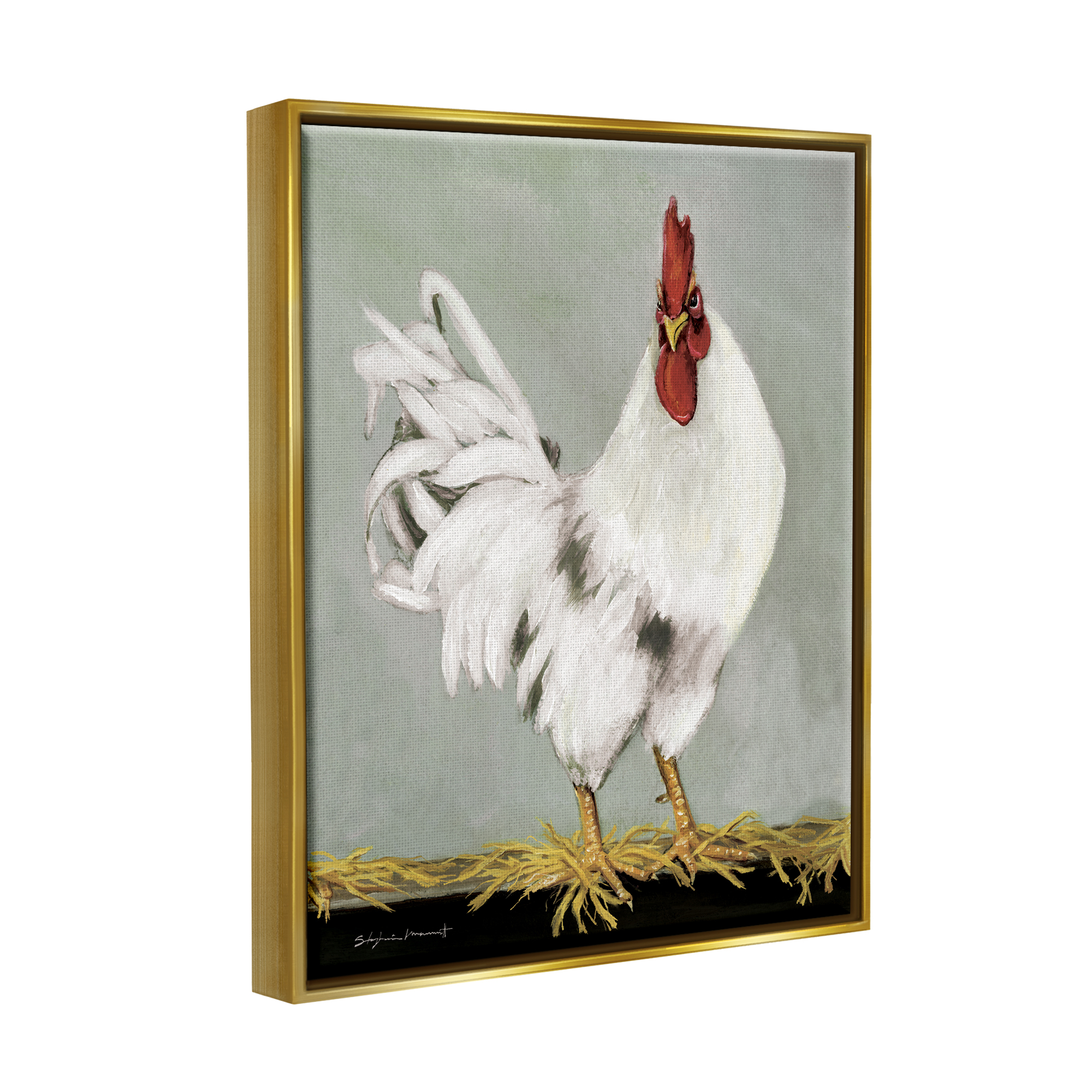Stupell White Rooster Farmhouse Animal Animals & Insects Painting Gold Floater Framed Art Print Wall Art