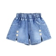 thumbnail image 2 of DAETIROS Kids Girl Denim Shorts Elastic High Waisted with Daisy Applique & Side Slits 100% Cotton Blue 2T-7,Size 4-5 T, 2 of 5