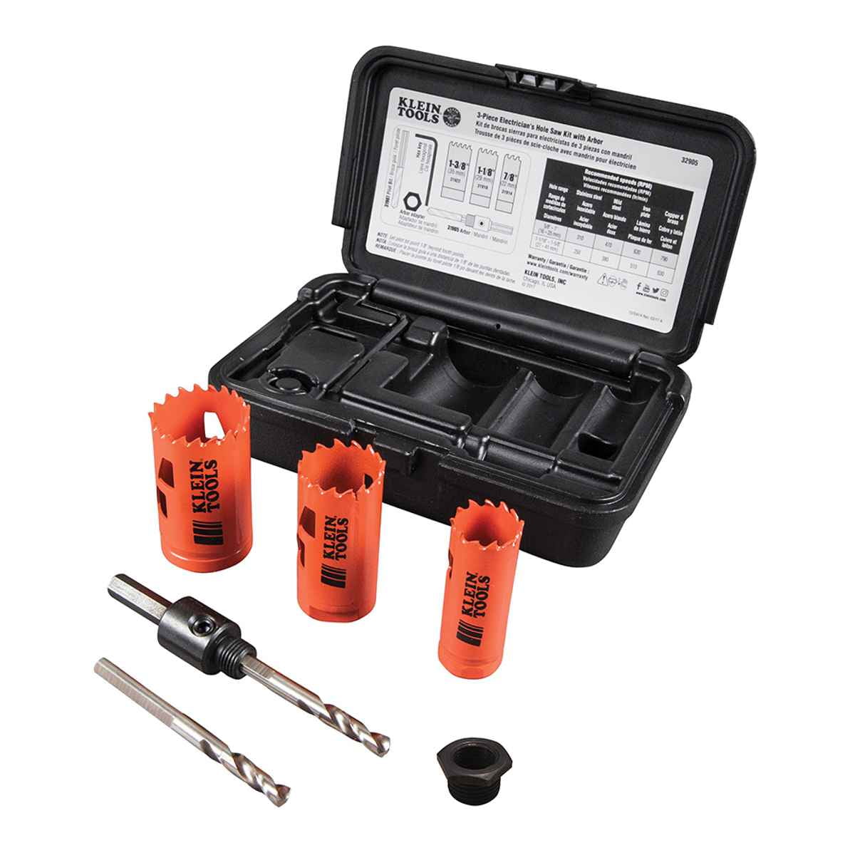 KLEIN TOOLS 32905 Electricians Hole Saw Kit,Arbor,3 pcs.