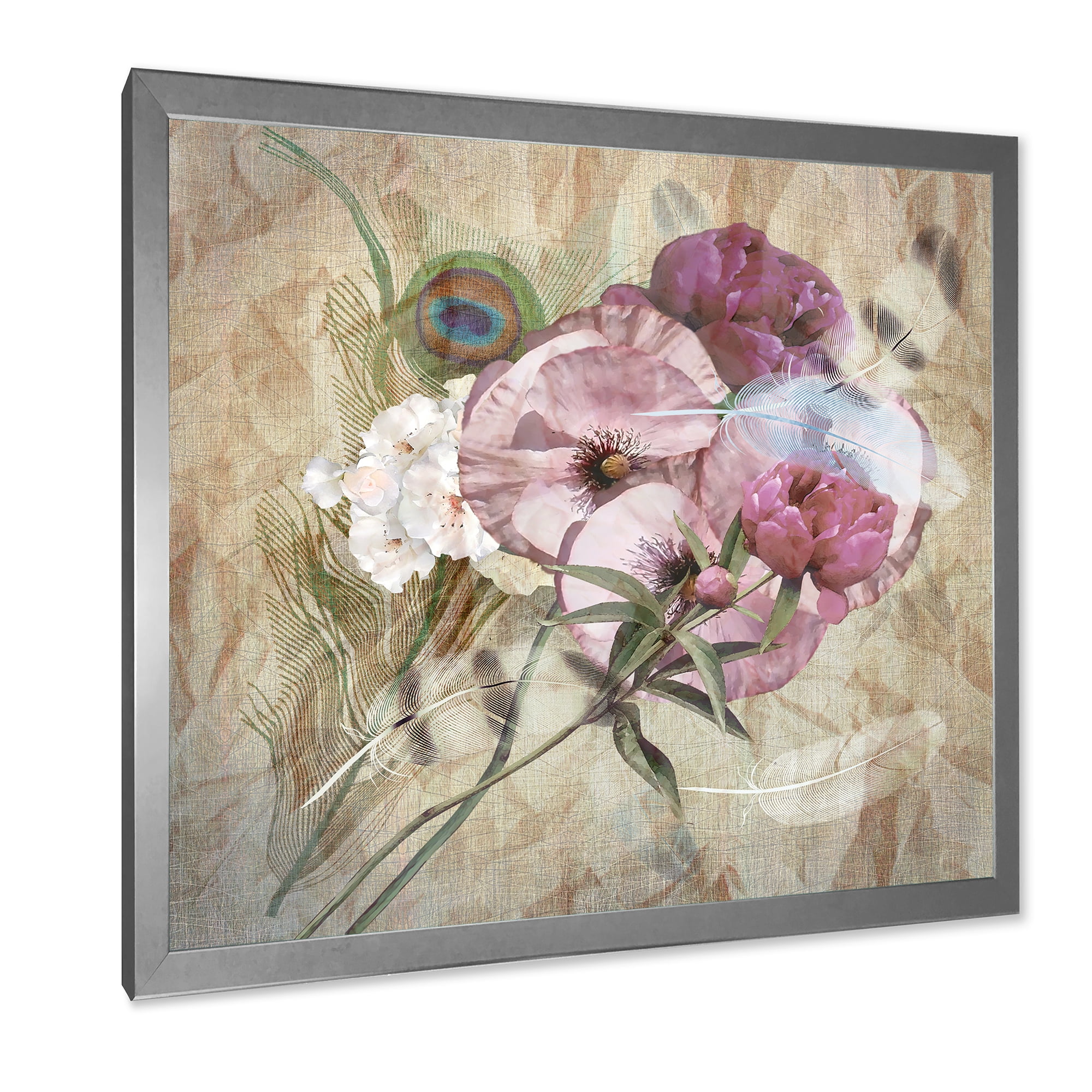 Designart 'Iris Bouquet Floral Design With Peacock Feather' Traditional Framed Art Print