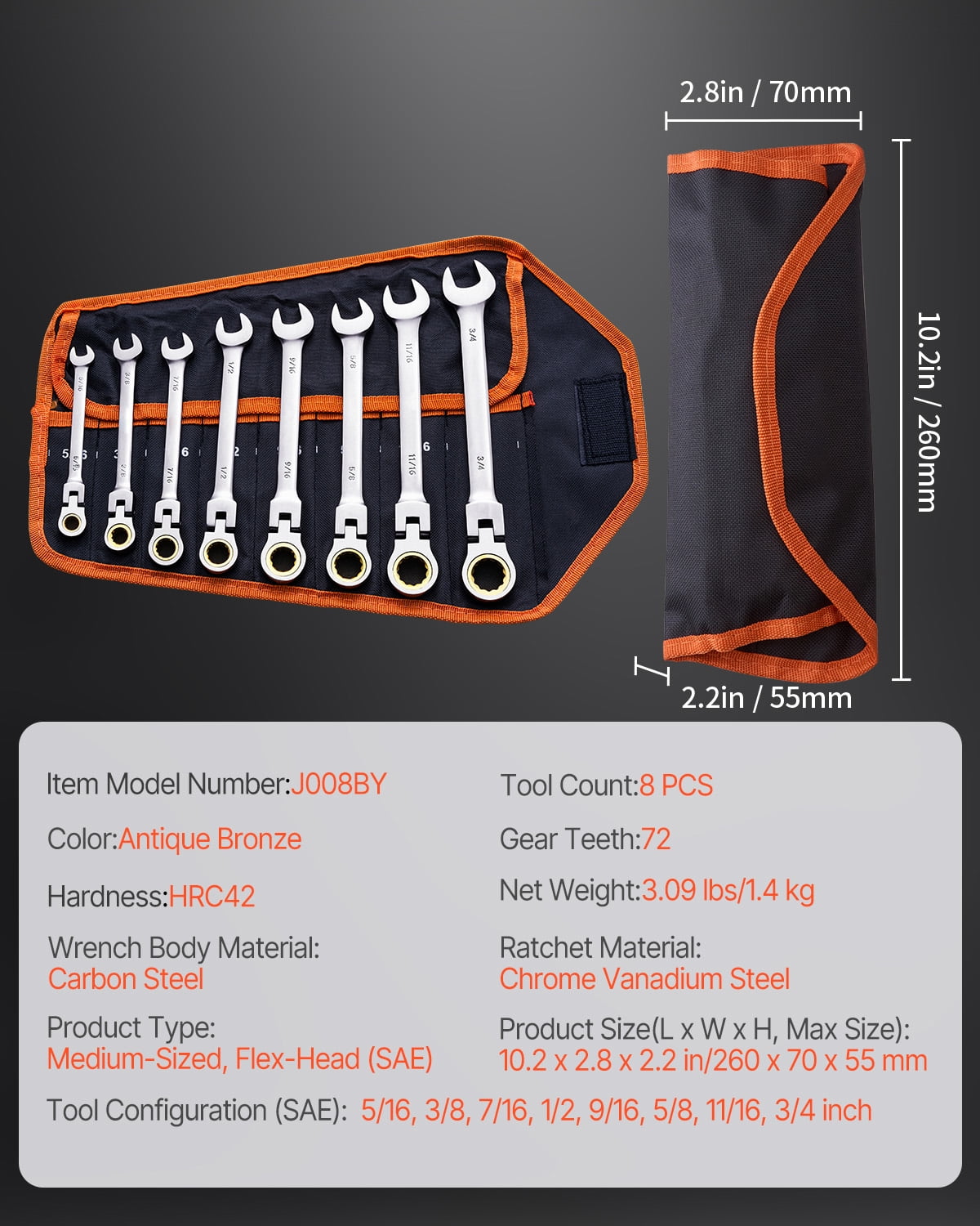 KFFKFF 8-Piece Flex-Head Ratcheting Wrench Set with Roll-Up Pouch, Cr-V Steel Combination Wrenches SAE 5/16" to 3/4", Suitable for Home, Workshop, and Garage Use