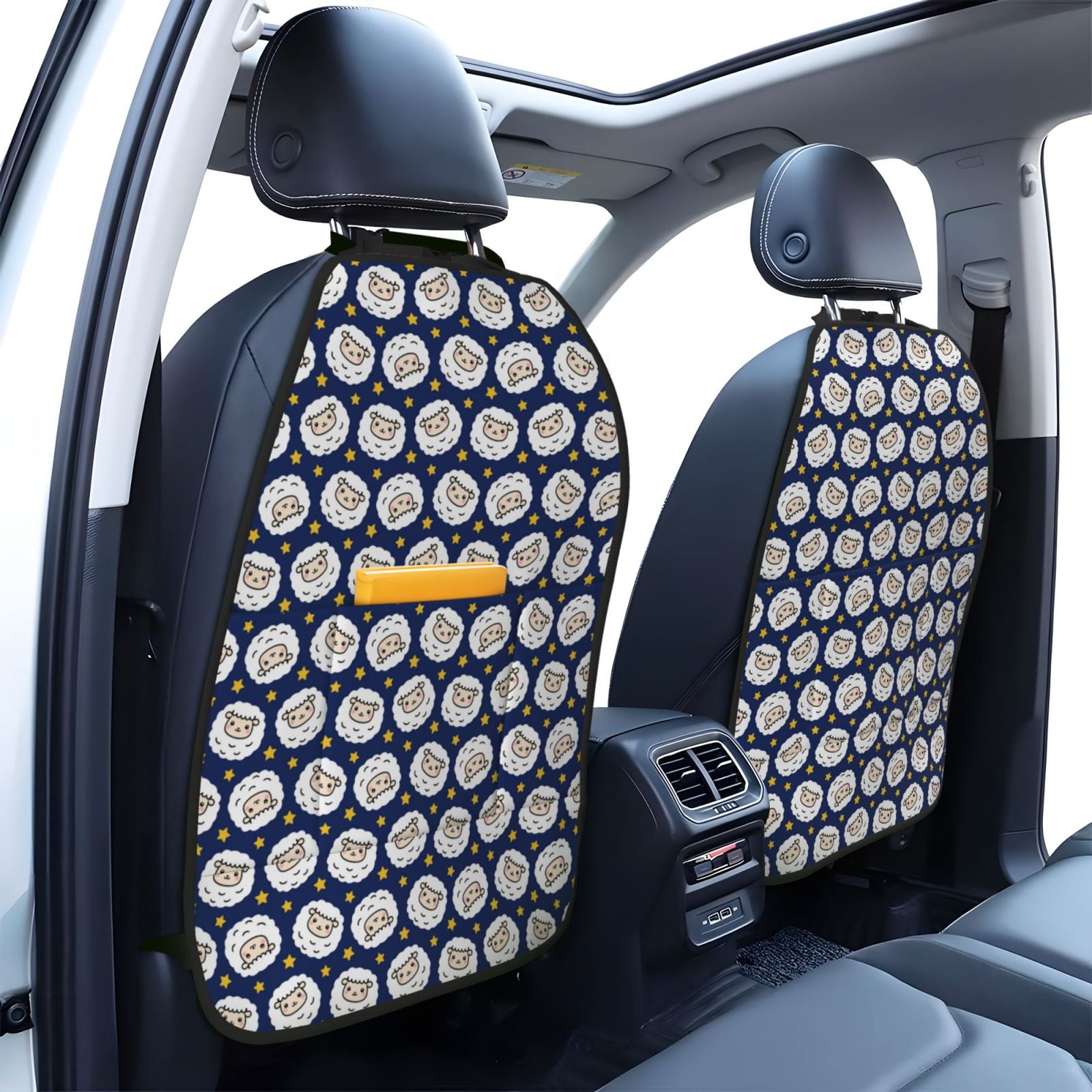 Xecao Cute Sheep With Star Pattern Car Seat Back Protector 2 Pack Large Capacity Pocket, Kick Mats Back Seat Protector