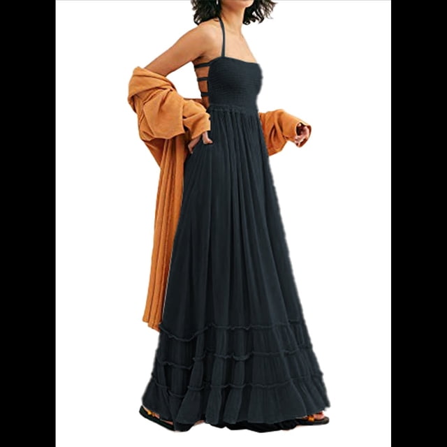 Vestidos Largos Bohemios Sexys de Verano Sin Espalda para Mujer Negro M