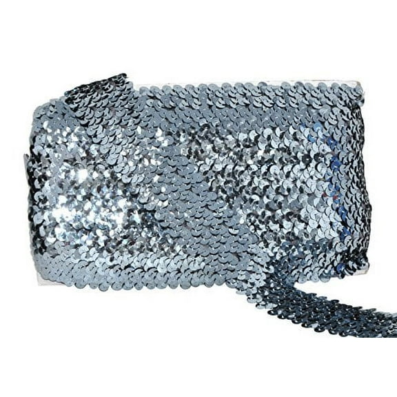 Mandala Crafts Elastic Sequin, Flat Glitter Stretch Bling Paillette Fabric Ribbon, Metallic Appliqué Trim Lace for Dress Embellish, Headband (1.5 Inches, Gray)