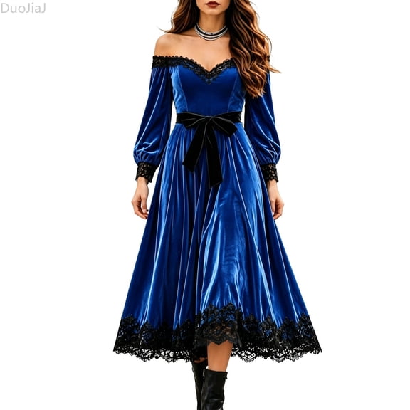 DuoJiaJ Womens Velvet Off Shoulder Dress, Lace Stitching Long Sleeve Party Gown Blue Sizes S-3XL