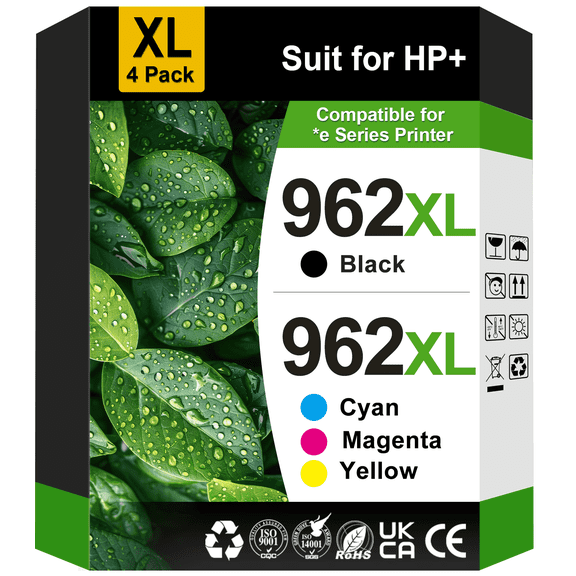 962 Ink Compatible for 962 Ink Cartridges for 962 962XL ( Black, Cyan, Magenta, Yellow, 4 Pack）