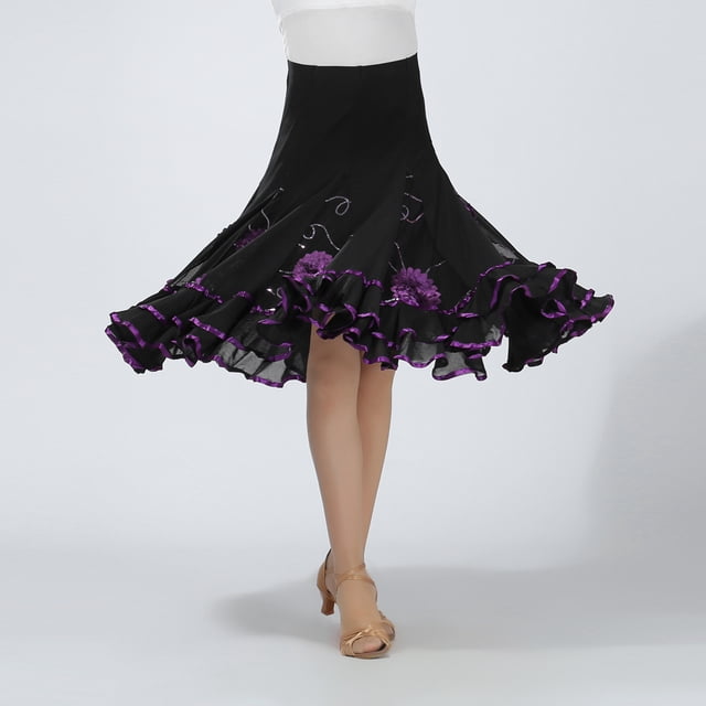 Larga de Mujer Cintura Alta Elástica Bordado de Lentejuelas Swing Traje para Cha Cha Flamenco Púrpura Macarena Vestido de baile latino