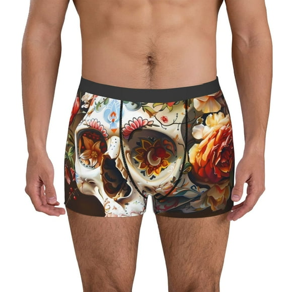 Saiise Rose Floral Skull Print Men’s Boxer Briefs, Soft and Comfortable Underwear with Moisture-Wicking Fabric for All-Day Wear-X-Large