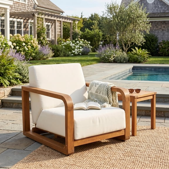 Christopher Knight Home 29.5" Outdoor Patio Armchair, Acacia Wood Frame with Cushion, Natural Beige
