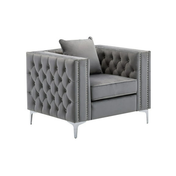 Joni 40 Inch Armchair, Chesterfield Design, Button Tufting, Gray Velvet - Saltoro Sherpi
