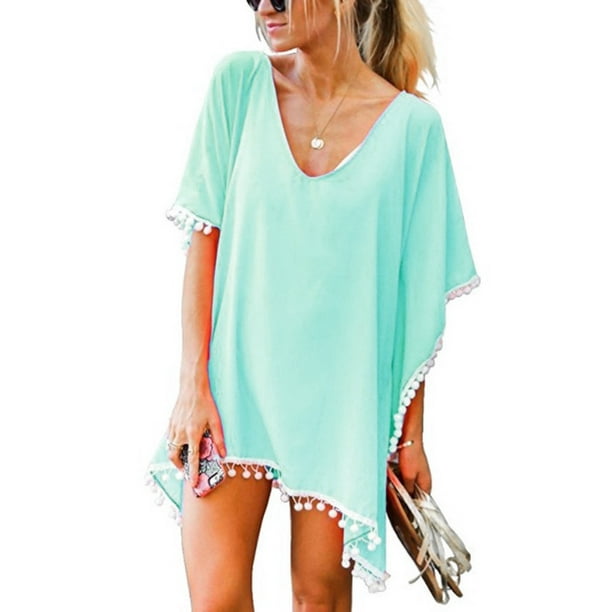 Women S Trim Kaftan Chiffon Tassels Swimwear Beach Loose Bikini Cover Up Tops Walmart Com