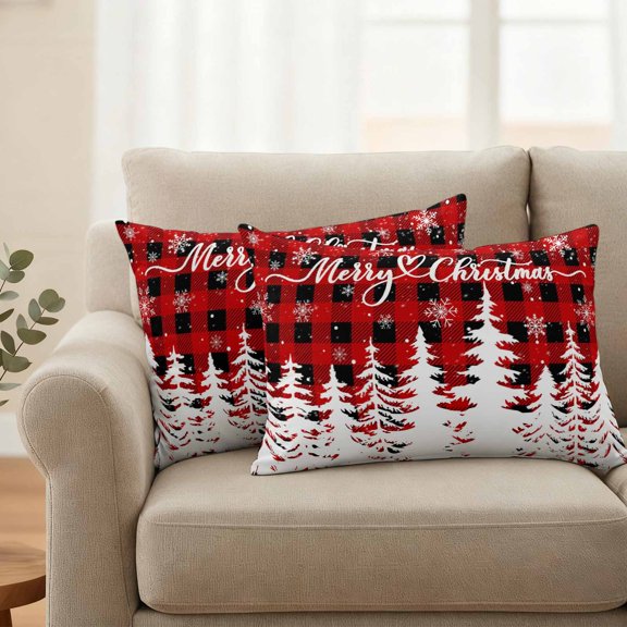 Outdoor Pillow Cover 20x12in Set of 2, Christmas White Trees Waterproof Decorative Throw Pillow Cover for Couch Sofa, Red Black Plaid Background Pillowcase Cushion Cases for Patio Garden
