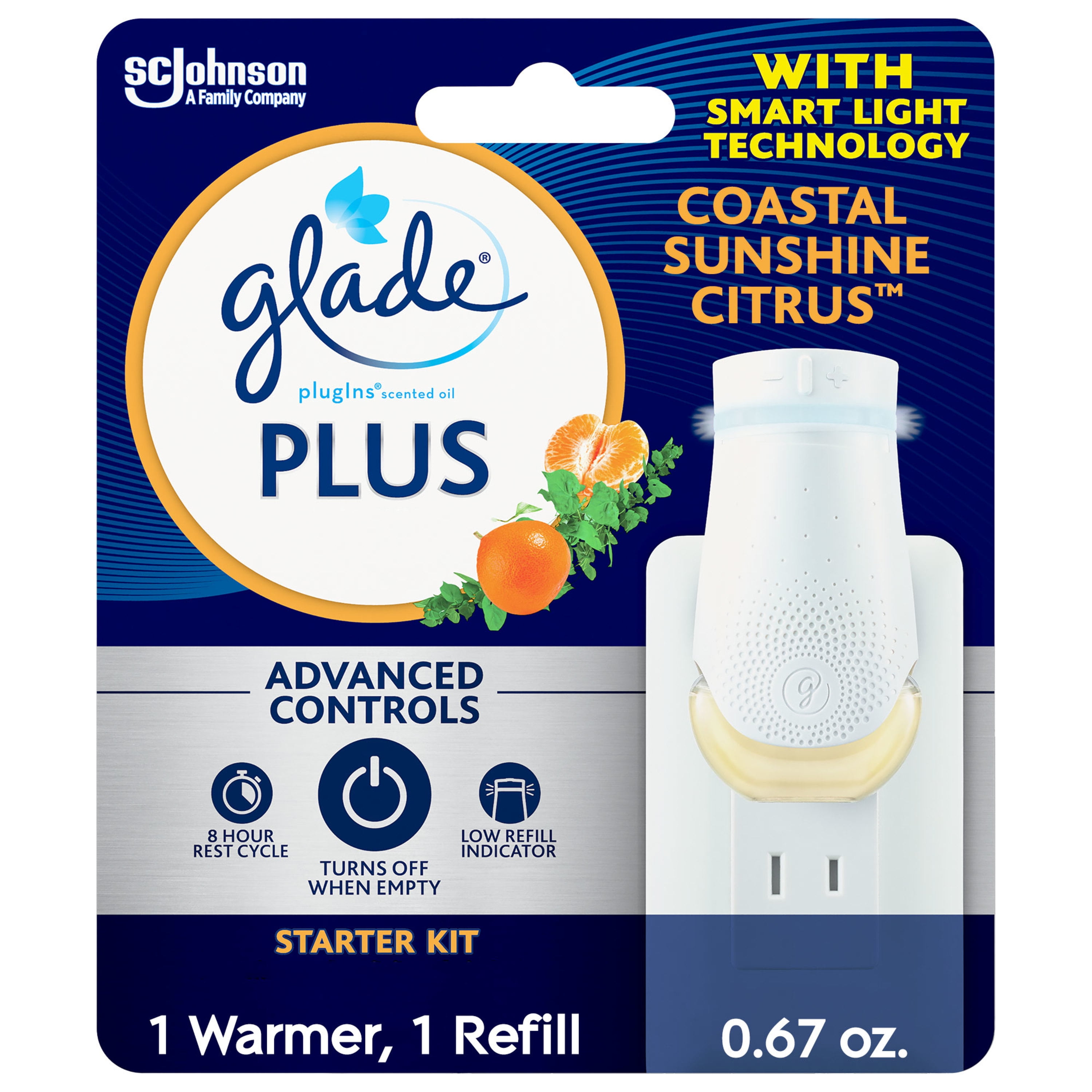 Glade PlugIns Plus Scented Oil Warmer + Refill, Glade Plug in Air Freshener, Coastal Sunshine Citrus, 0.67 Oz