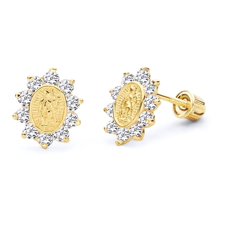 Wellingsale 14K Yellow Gold Polished Our Lady Guadalupe Stud Earrings With Screw Back