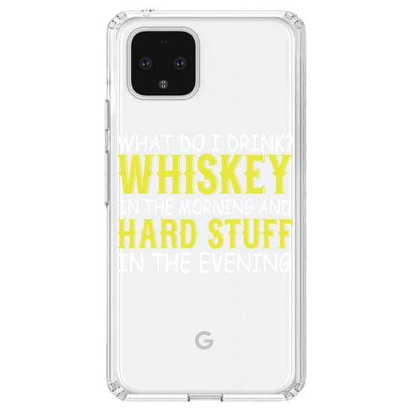 DistinctInk Clear Shockproof Hybrid Case for Google Pixel 4 (6.1" Screen) - TPU Bumper Acrylic Back Tempered Glass Screen Protector - Whiskey in the Morning, Hard Stuff Evening