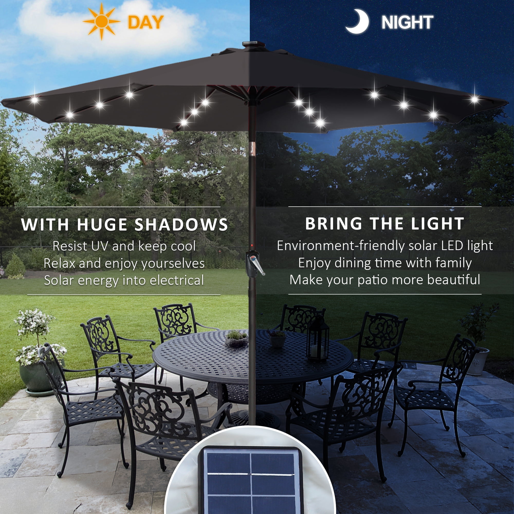 ABCCANOPY 7.5ft Patio Solar Umbrella LED Outdoor Umbrella with Tilt and Crank, Dark Gray