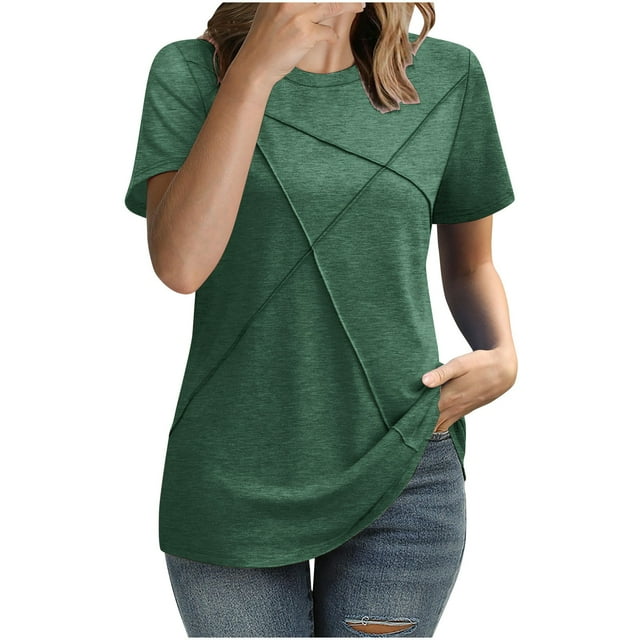 hotojiny Womens Summer Tops 2025 Pleated Round Neck Short Sleeve Shirts Soft Solid Color Business Work Casual Tee