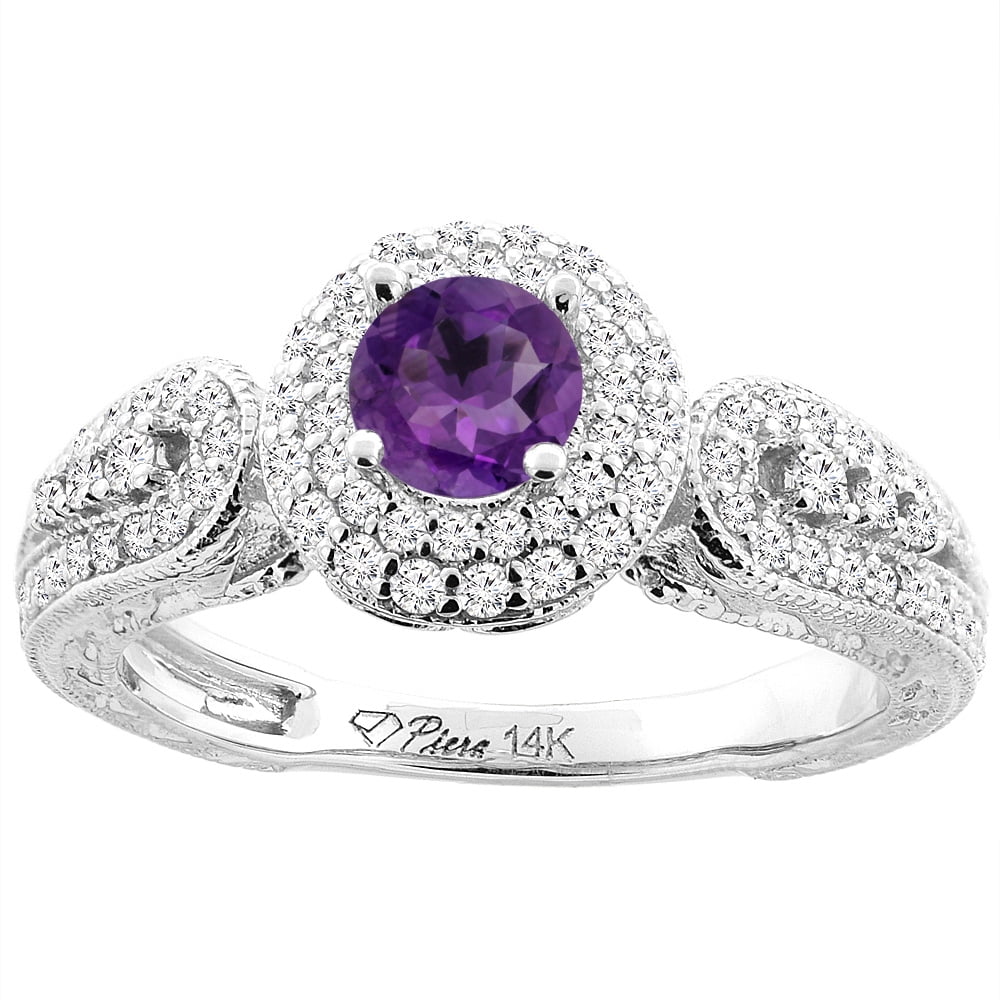 14K White Gold Natural Amethyst & Diamond Halo Ring Round 5 mm, size 5 by Gabriella Gold
