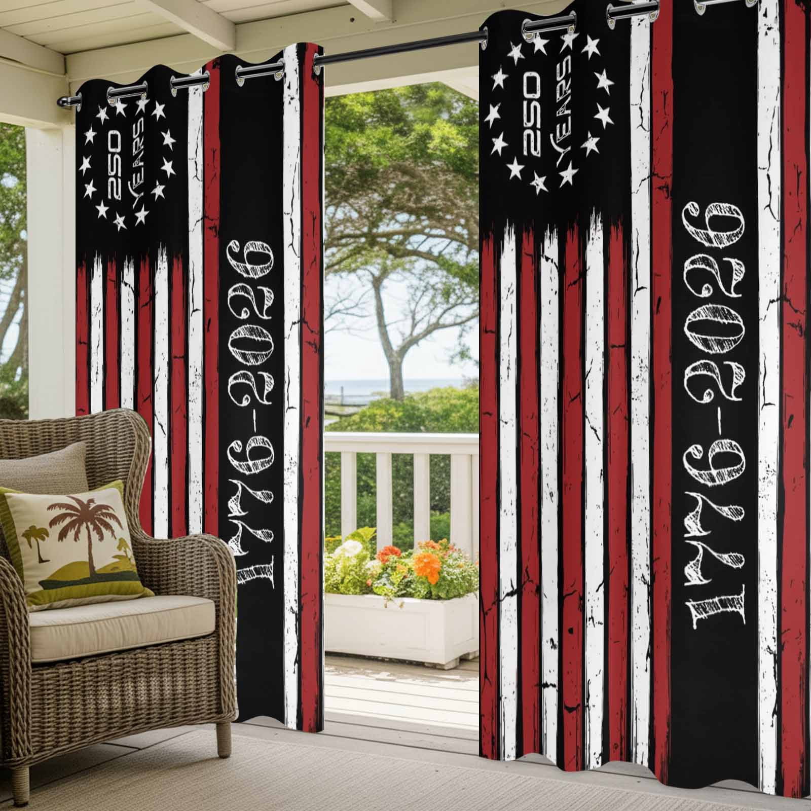 4th of July Outdoor Curtains for Patio, Years Independence Day Red Black USA Flag Stripe Sunshade Privacy Drapes Grommet Waterproof Outside Curtains for Porch/Cabana/Balcony 54"x 108", 1 Panel