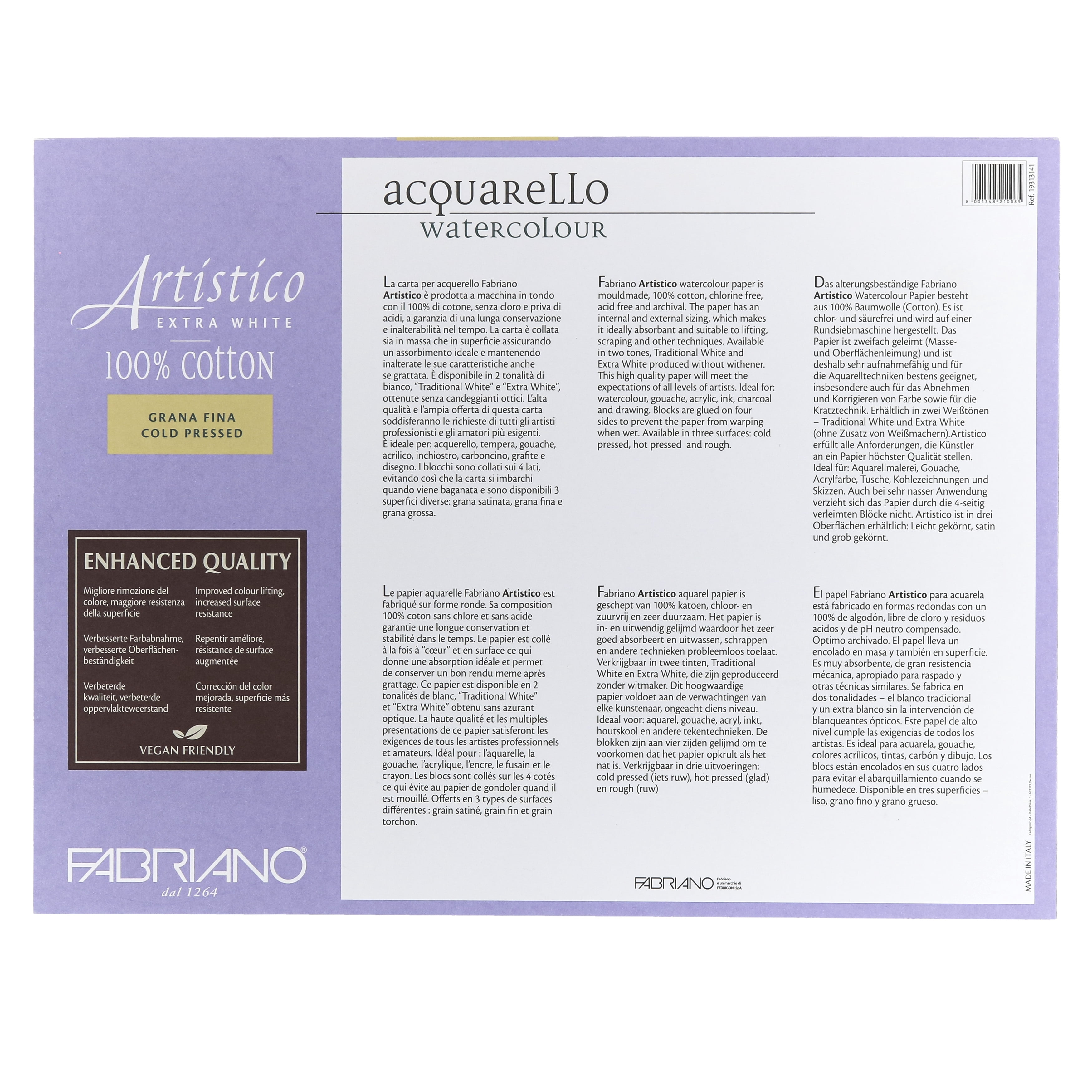 Fabriano Artistico Extra White Watercolor Block, 140 lb./300 gsm, Cold Press, 20 Sheets, 12" x 16"
