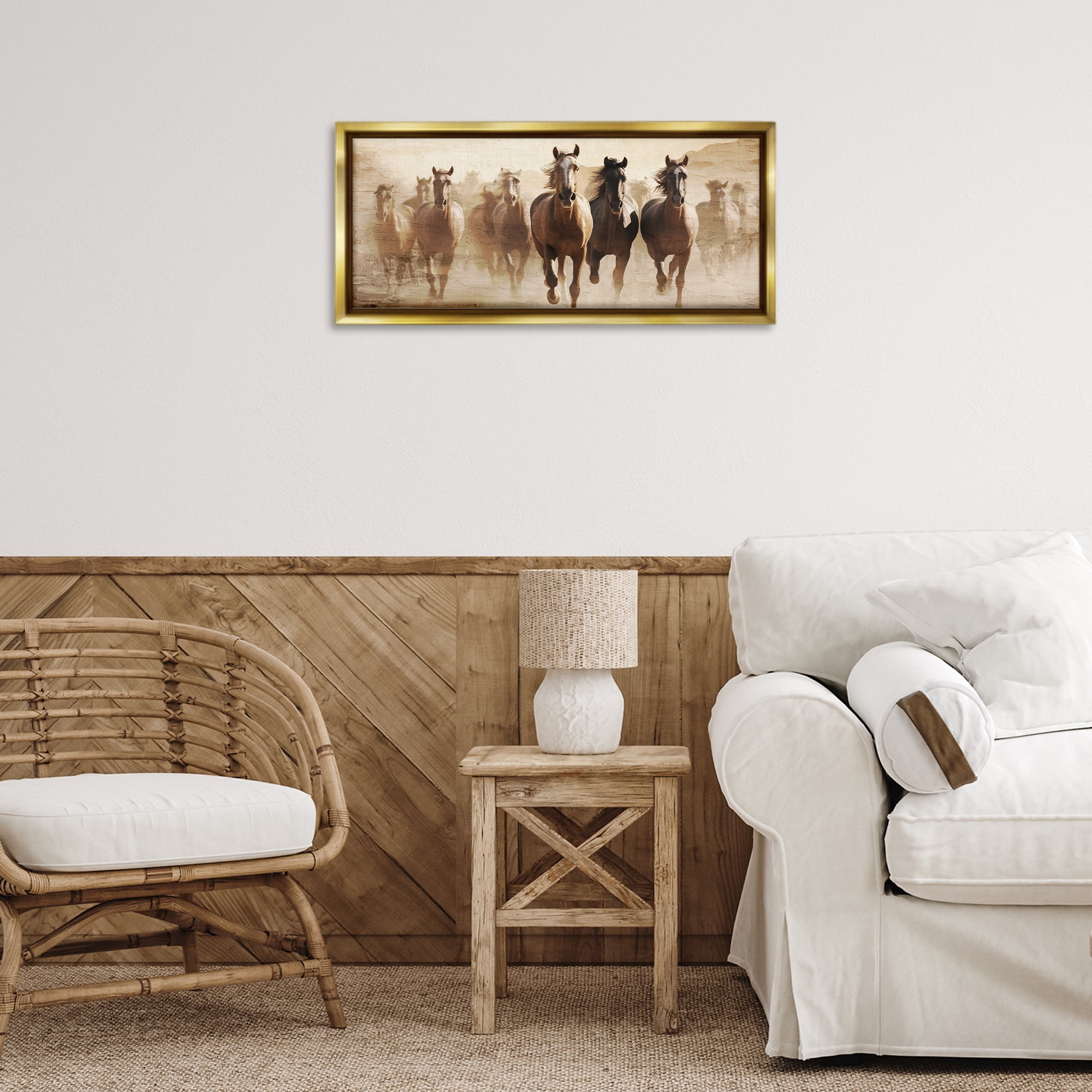 Stupell Industries Rustic Layered Gallop Animals Painting Gold Floater Framed Canvas Art Print Wall Art, 25 x 11