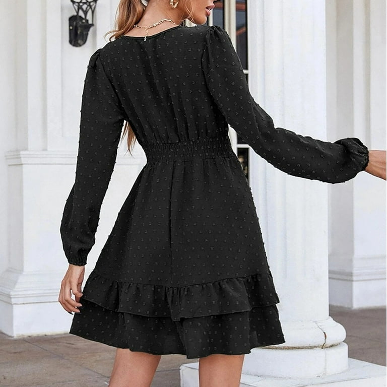 Vsssj Womens V Neck Long Sleeve Swiss Dot Ruffle Elegant A-Line Dresses High Waist Solid Color Casual Swing Layered Mini Dress Black S