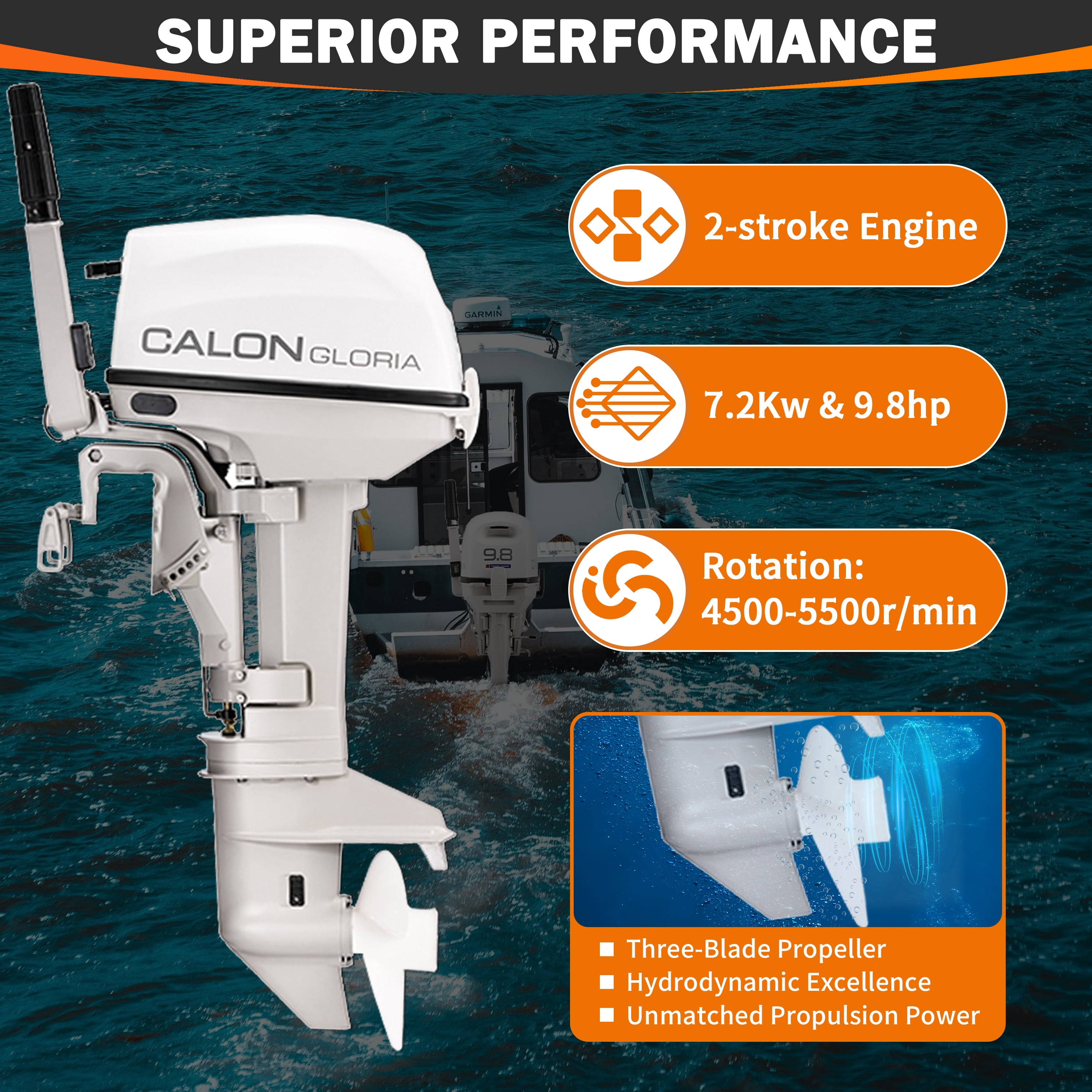 2 Stroke 9.8HP Calon Outboard Motor with Fuel Tank, 169cc Heavy Duty Long Shaft Fishing Boat Engine with Water Cooling System & CDI Ignition System for Inflatable Boat Kayak Canoe Sailboat