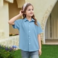 thumbnail image 2 of OIOLOYJM Girls Short Sleeve Dress Shirts Kids Spring Summer Cozy Soft School Uniform Casual Button Down Lapel Collared Shirt Sky Blue 9-10 Year, 2 of 5