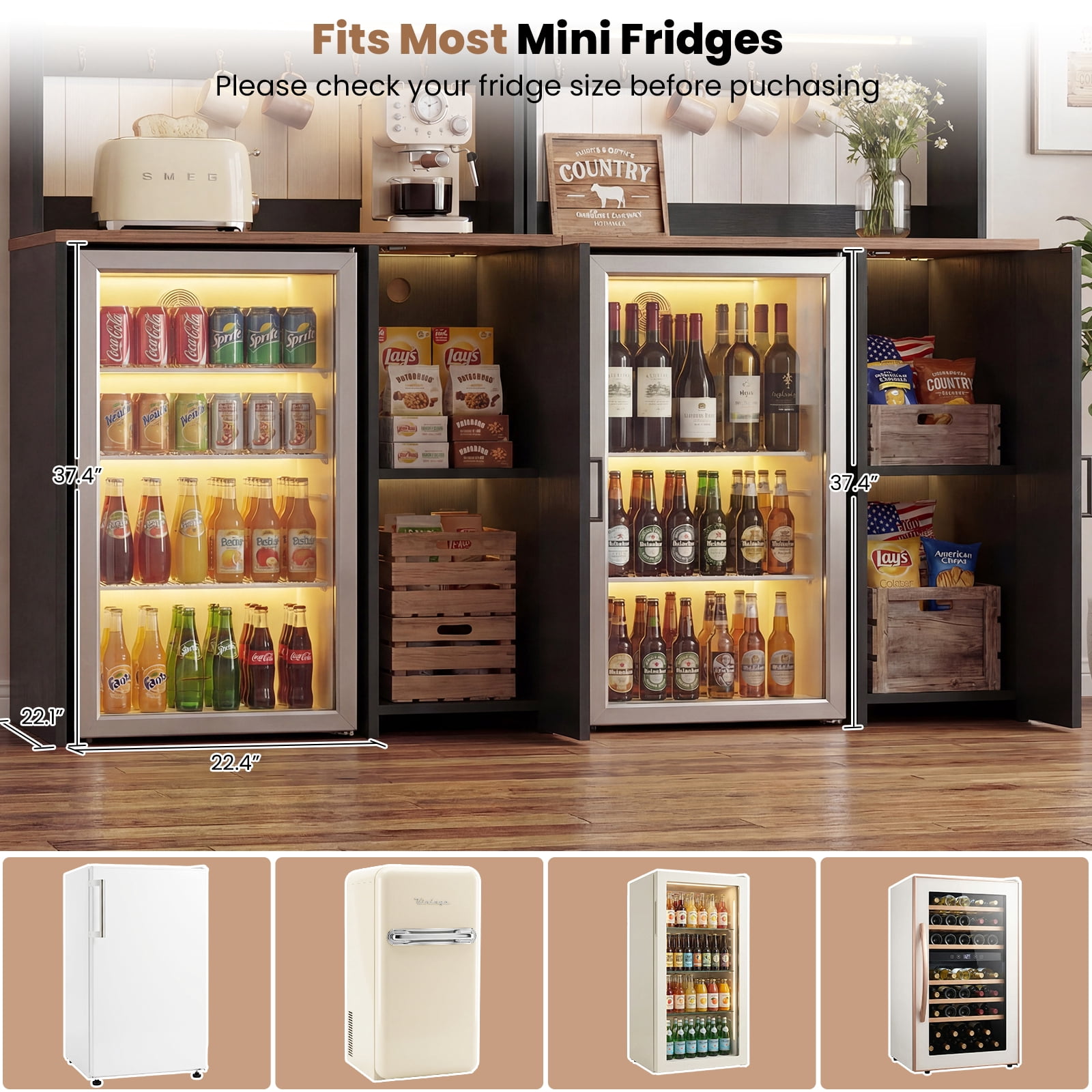 Aheaplus 2-in-1 Mini Fridge Cabinet & Coffee Bar Station Bundle - with Power Outlet, LED Light, Microwave Shelf & Storage, Ideal Beverage Center for Kitchen, Dorm, Office,Black