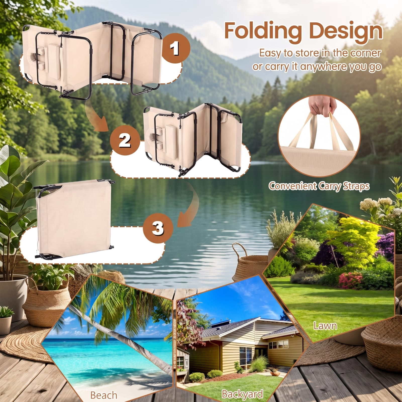 Furnibear Folding Patio Chair Solid Metal for Patio Porch Poolside Beige 330 lbs Capacity Weather-Resistant Outdoor Furniture