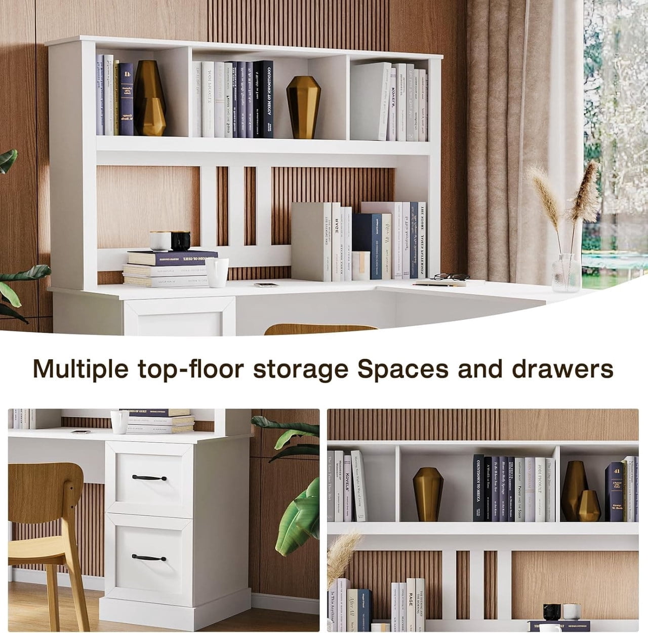 L-Shaped Executive Computer Desk with Hutch, 59.84'' Office Desk Work Desk with 2 Drawers and Storage Shelf for Home Office