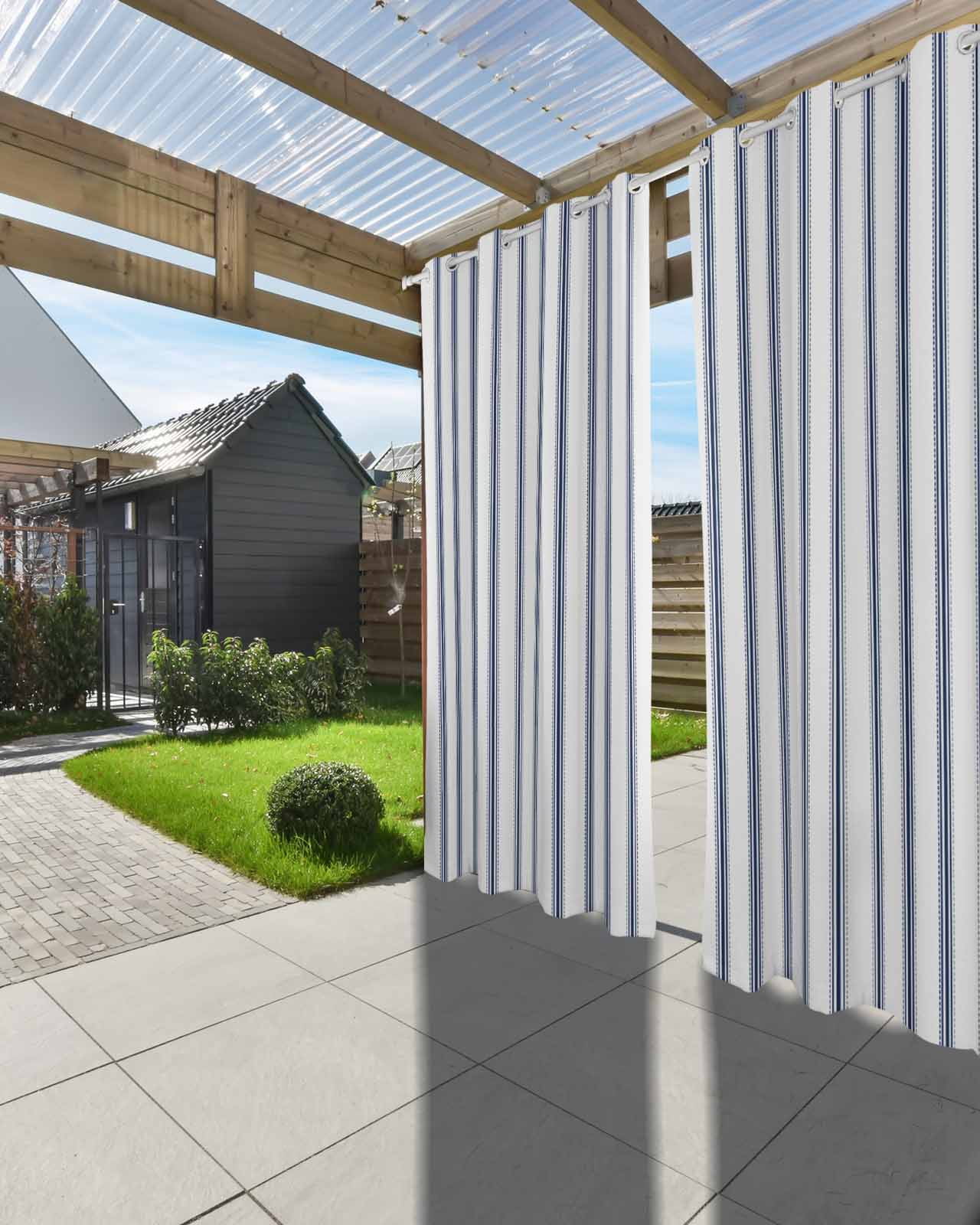 Navy Blue Striped Outdoor Curtains for Patio, Navy Blue White Stripes Farmhouse Privacy Drapes Grommet Waterproof Outside Curtains for Porch/Cabana/Balcony 54"x 84", 2 Panel