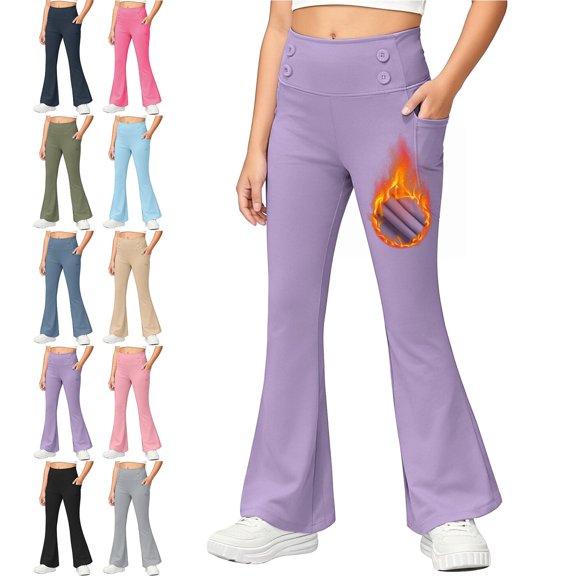 Teylalorva Girls Sweatpants Fleece Lined Leggings Casual Sports Long Pants Elastic Waist Comfortable Thermal for Winter Wear Purple Size 5T