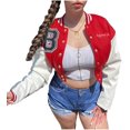 thumbnail image 1 of Veste Courte Uniforme de Baseball à Blocs de Couleur pour Femmes en Cuir Imprimé Manches Longues Broderie Lettre, 1 of 5