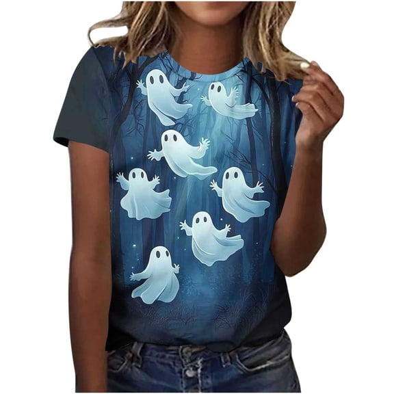 QINGFSAP Short Sleeve Halloween Printed T-Shirt Tops for Women Graphic Shirt Crew Neck Season Tops