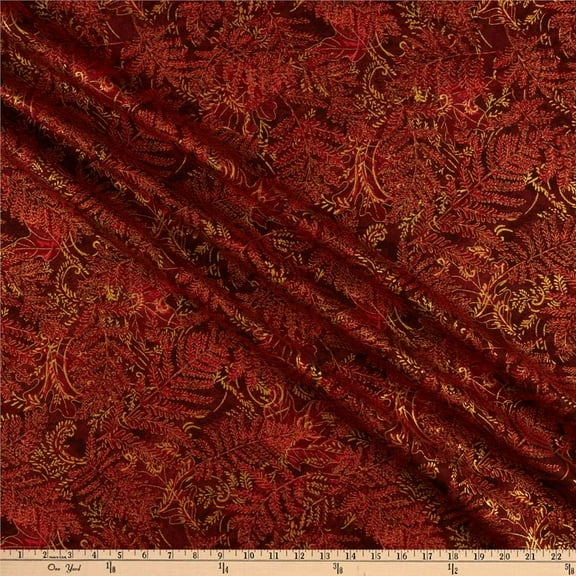 Timeless Treasures Metallic Thankful & Grateful Ferns Currant 100% Cotton Fabric sold by the yard