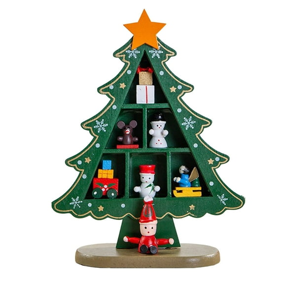 Matoen 7.09 Inch Wooden Mini Christmas Tree Miniature Tabletop Small Tree, 3D Xmas with Ornaments Pine for Holiday Party Home Desktop Decoration (Green & Red)