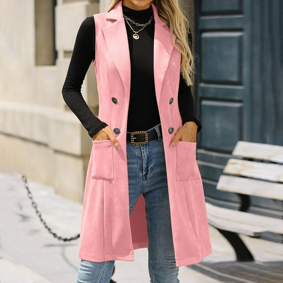 Ounisa Womens Long Suit Vest Cardigans Faux Suede Sleeveless Open Front Blazer Solid Color Fashionable Casual Retro temperament Coats Jackets Outerwear