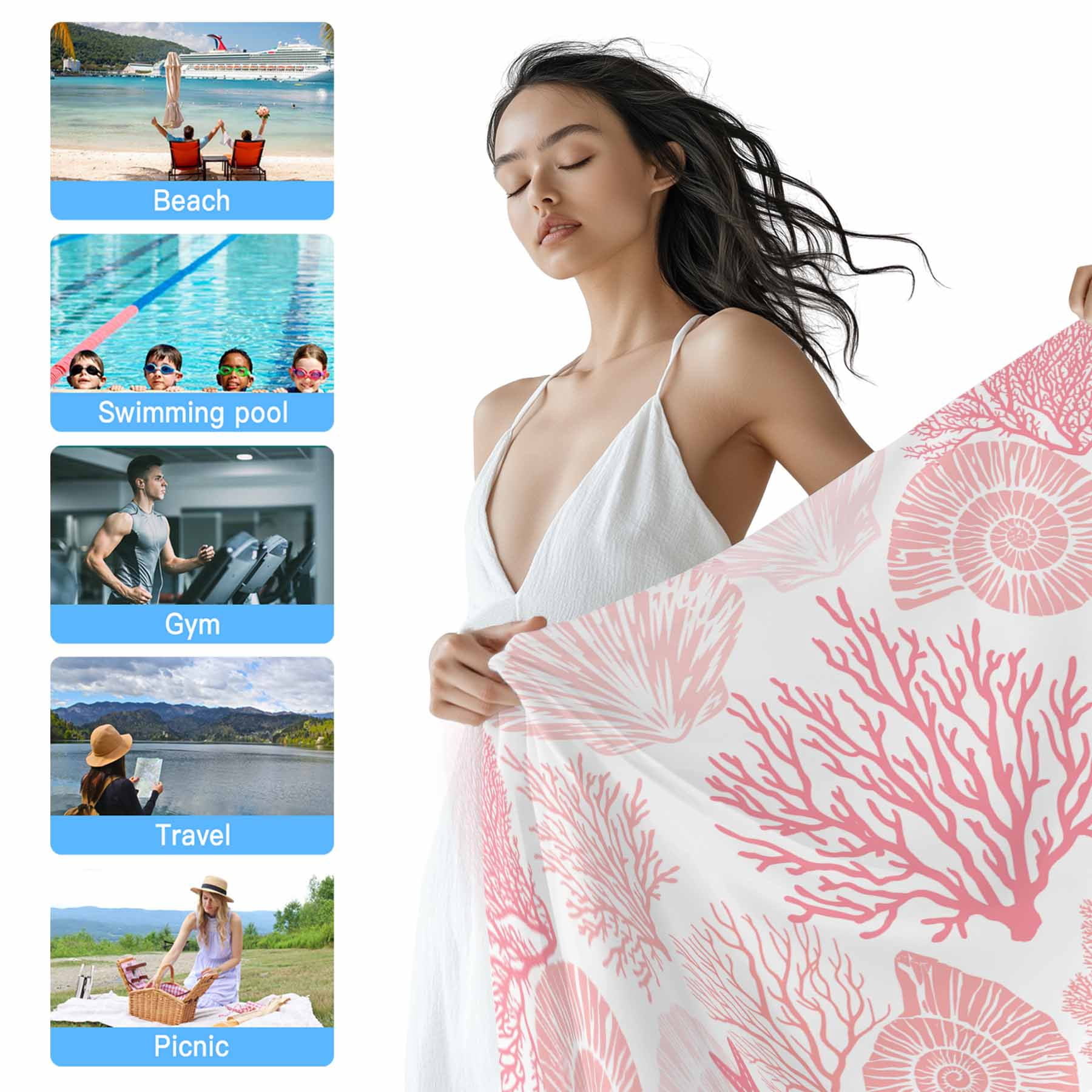 Pink Costal Ocean Beach Towels Blanket Soft&Absorbent Quick Dry Microfiber Coral Starfish Shell Pool Towels for Swimming ,Yoga, Sports, Gym, Camping,Large 35X70in, White