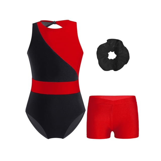 Lejafay Ensemble de Danse Sans Manches pour Filles, Justaucorps de Gymnastique Color Block avec Shorts, Rouge 6