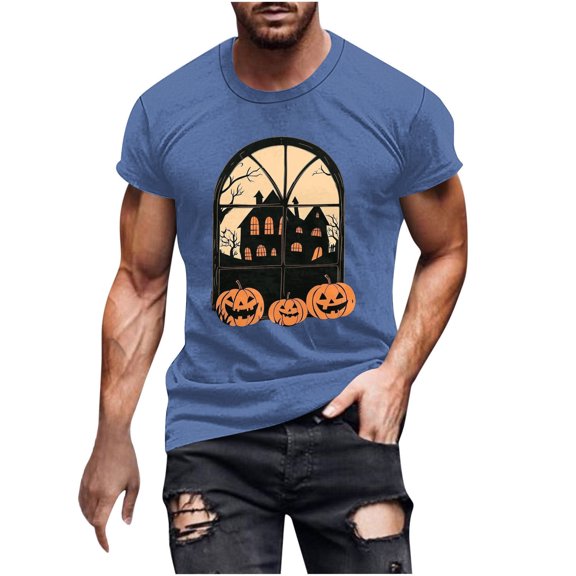 Men's Halloween Shirt Crewneck Halloween Silhouette Patterns Short Sleeve T-Shirt Funny Pumpkins House Top