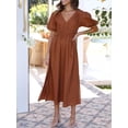 thumbnail image 4 of Faithtur Robe Longue Décontractée d'Été pour Femmes Couleur Unie Froncée Col en V Manches Courtes Mode Plage Vacances, 4 of 7