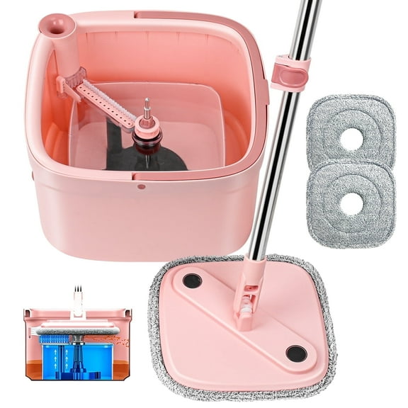 Pink INWEJIA 2PC Spin Mop and Bucket with Telescopic Stainless Handle, Mop Set with Self Separation Dirty and Clean Water System