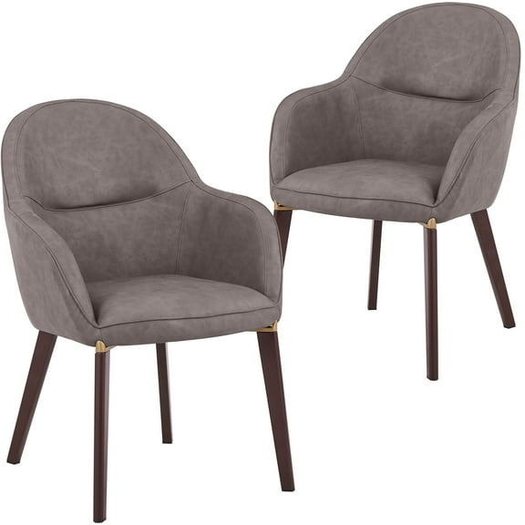 LeisureMod Elias Modern Faux Leather Upholstered Dining Chairs with Barrel Back and Gold Accent Metal Legs, Mid-Century Kitchen & Dining Room Armchairs for Home or Office, Dark Grey, Set of 2