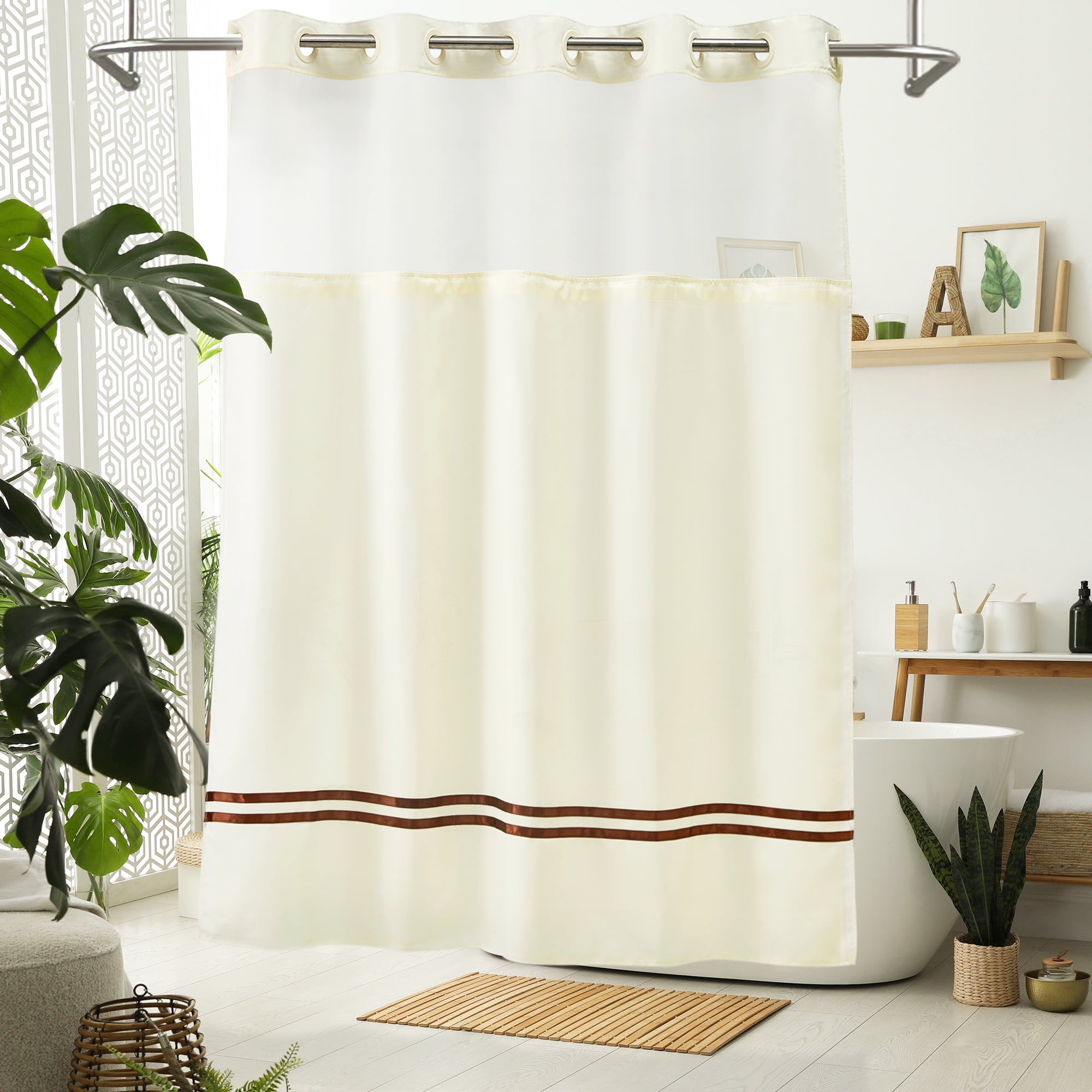 Barossa Design No Hook Fabric Shower Curtain with Liner, Satin Brown