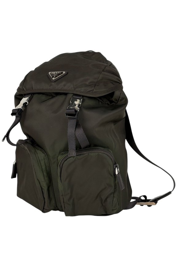 Pre-Owned Prada logo plate backpack in Tessuto nylon, khaki, for women