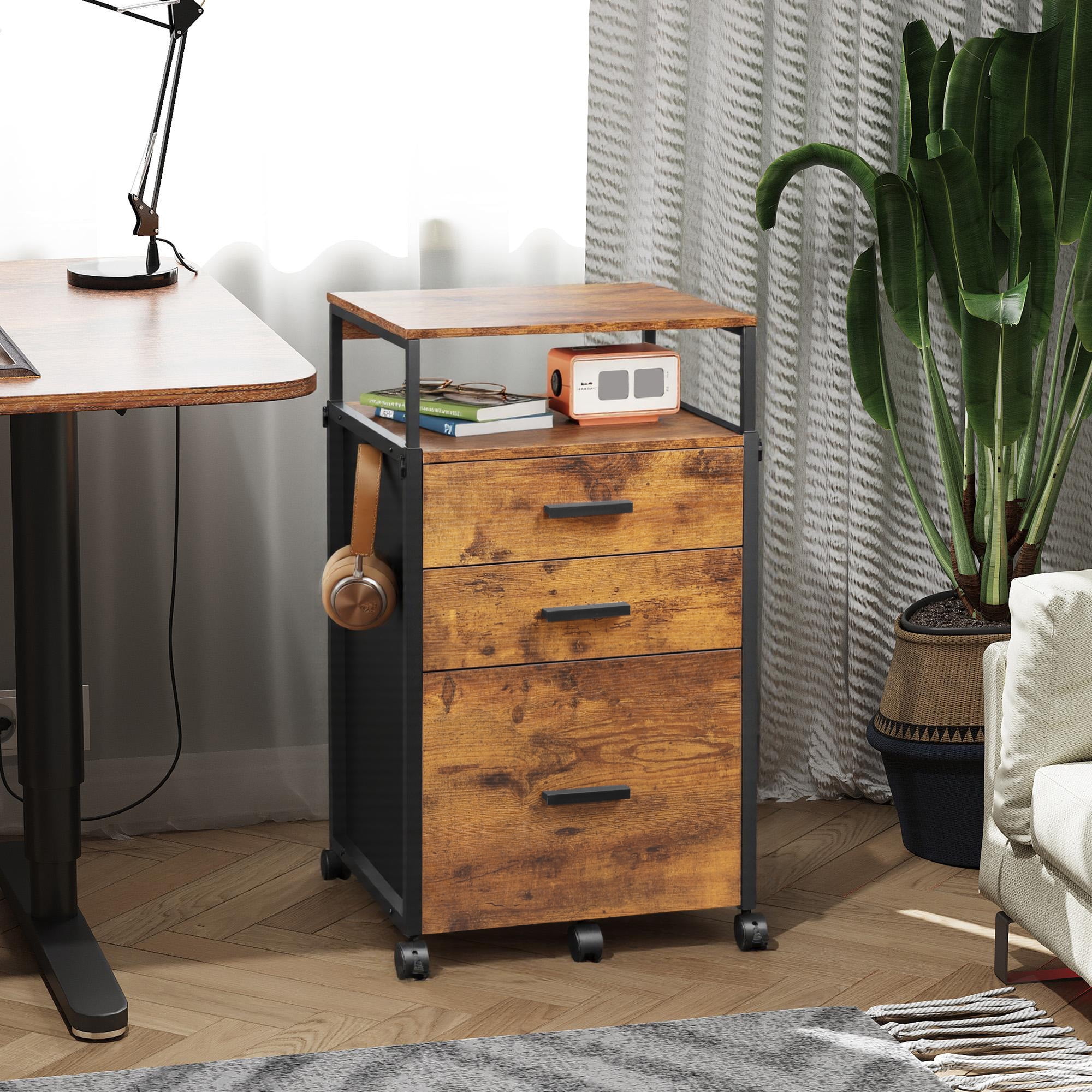 GALAXHERO Wood File Cabinet with 3 Drawers, Mobile Printer Stand with Adjustable Height for Home Office, Rustic Brown