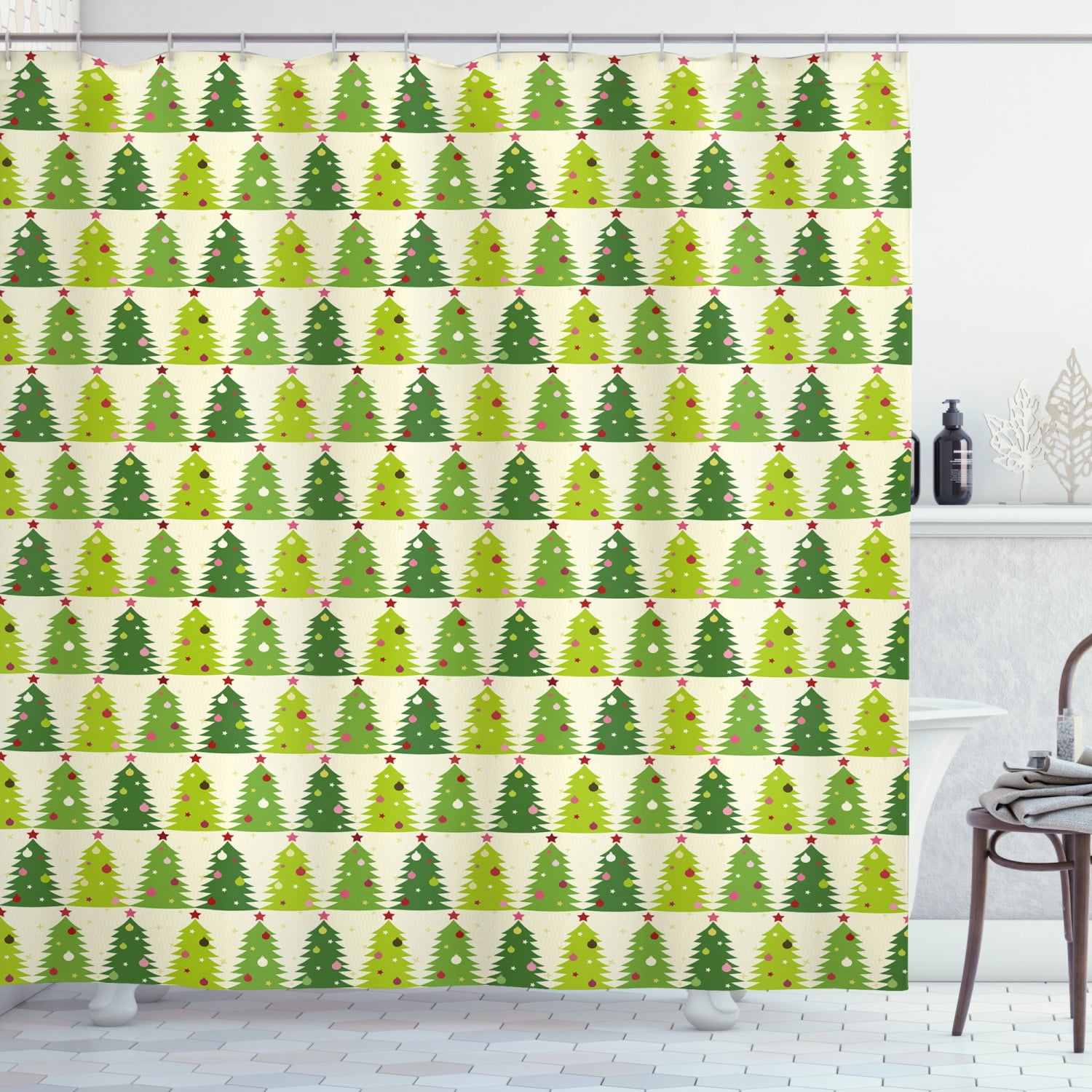 Christmas Tree Shower Curtain, Christmas Pine Trees with Ornaments and