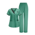 thumbnail image 3 of Feancey 4 Pockets Scrub Set Women Medical Short Sleeve V Neck Tops High Waist Pants 4 Way Stretch Moisture Wicking Nursing Sets Green 3XL, 3 of 10